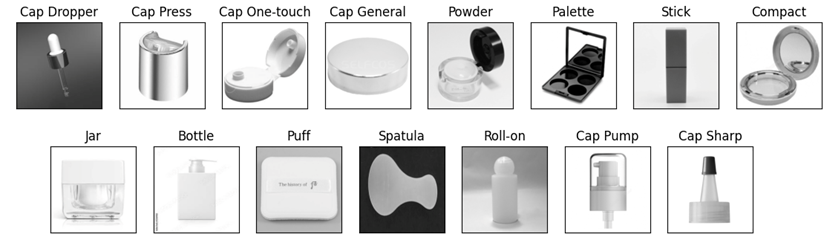 Two rows of images of various cosmetics packaging