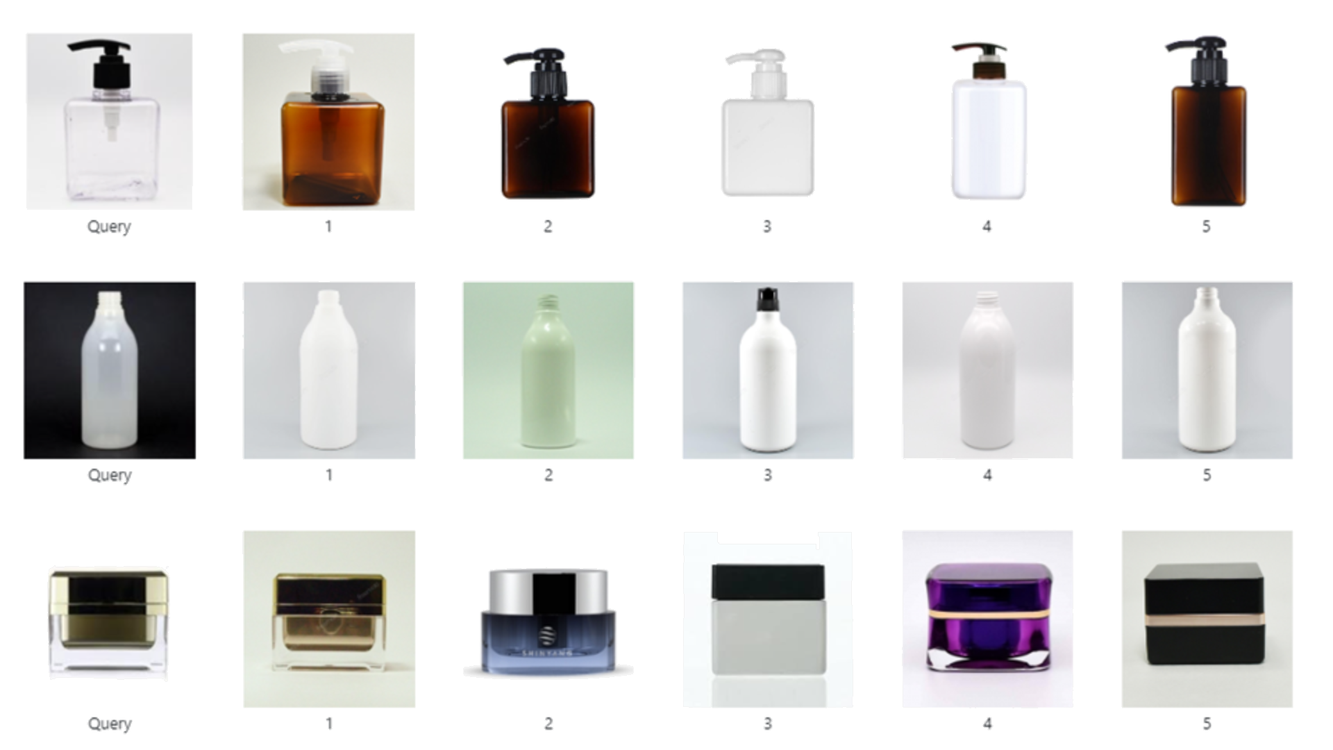 Rows of images of cosmetics packaging where each first row represents a query image followed by the top 5 search results.